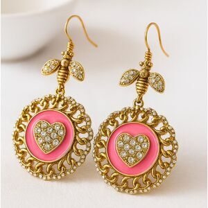 Thalia Sodi Earrings Pink Heart Bumblebee Goldtone Rhinestone Statement NWT